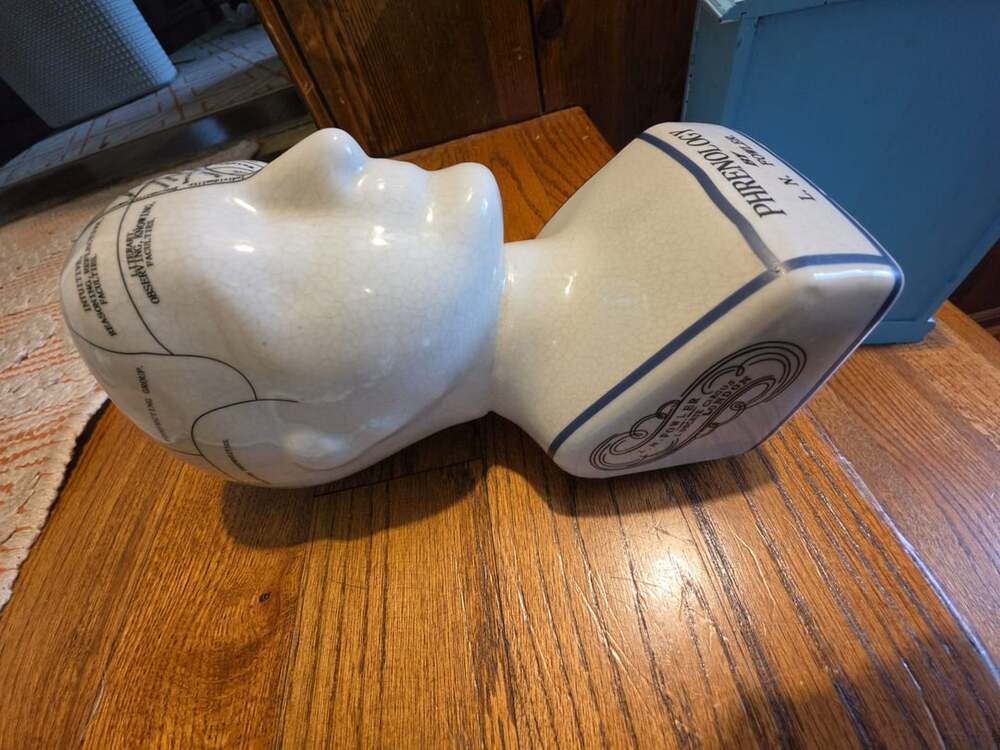 L.N. Fowler Phrenology Head Bust Ceramic White Blue